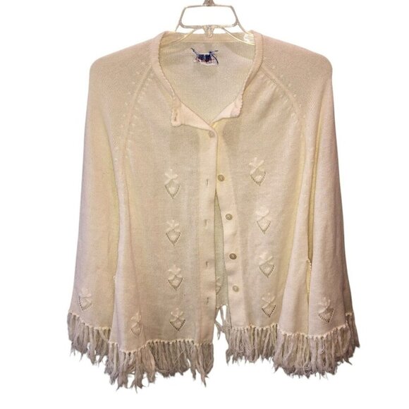 Vintage English Village Ivory Wide Bell Sleeve Fringe Button Up Cape Sweater - Picture 2 of 8